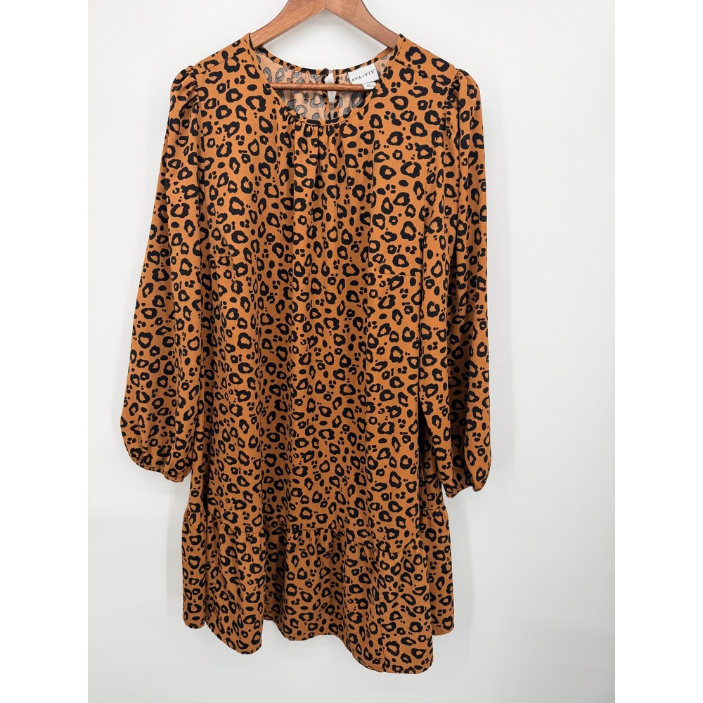 Ava & Viv Shift Dress Women 1X Brown Excellent Leopard Print Ruffle Hem Sleeve